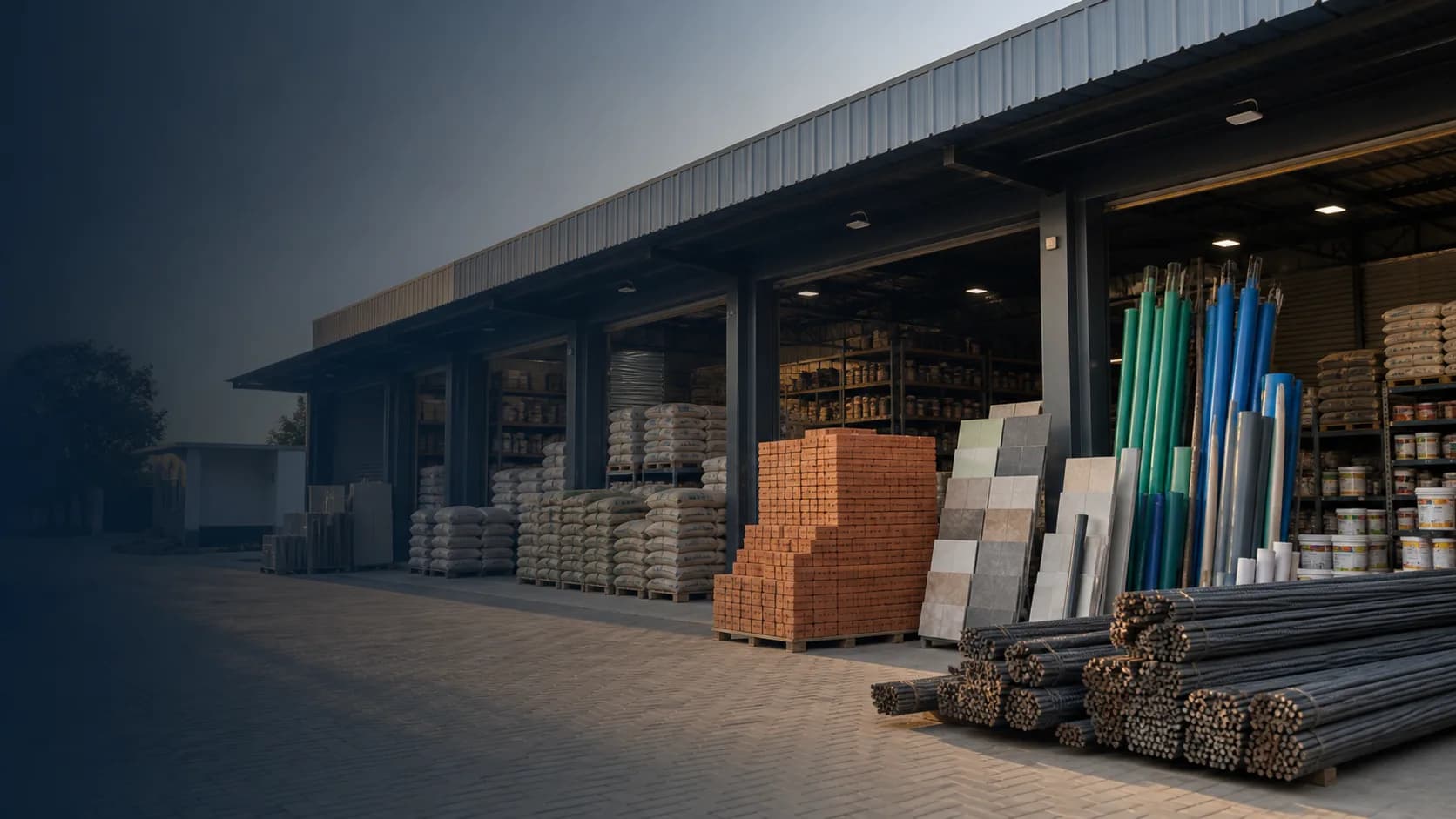 A construction-material storefront stocked with cement, bricks, tiles, pipes and steel
